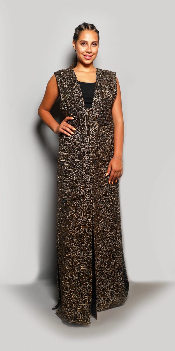 Abaya made of Lexus fabric decoration with Oriental embroidery super quality Gold and Black color and fabric. Fast shipping to all European.