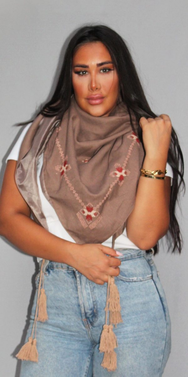 Triangular Scarf with hand Etamin embroidery - brown