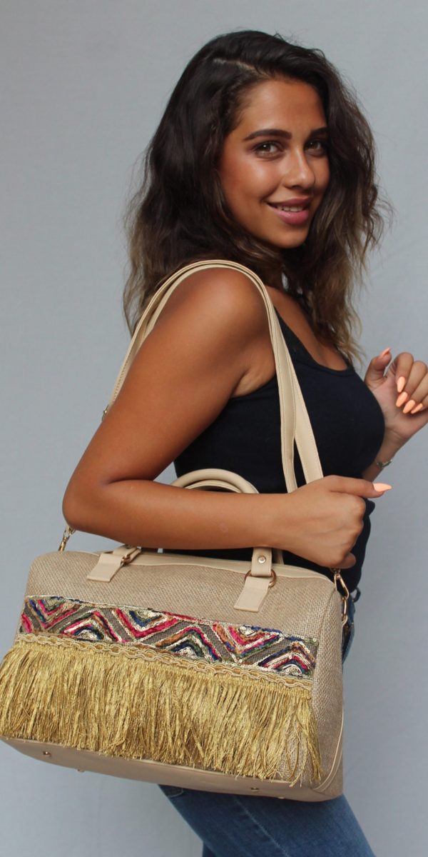 Burlap Shoulder Bag with Indian embroidery