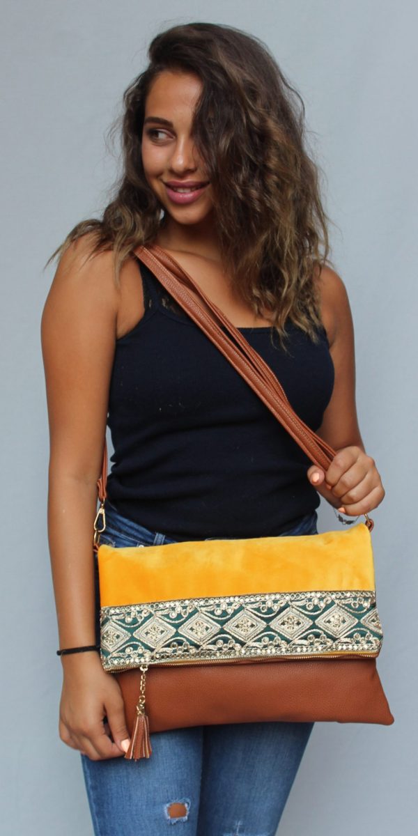 Shoulder foldable bag Chamois fabric & Indian embroidery